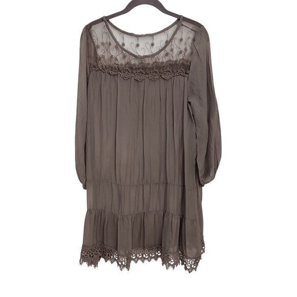 Prontomoda Giusy 100% Silk Mushroom Brown Lace Ruffled Light Weight Dress M - Picture 1 of 8